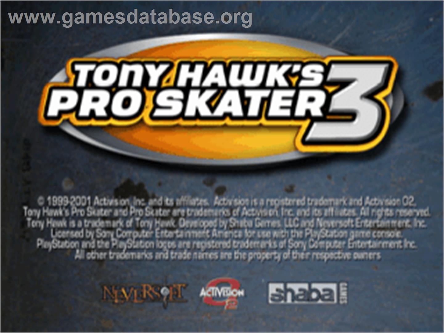 Tony Hawk's Pro Skater 3 - Sony Playstation - Artwork - Title Screen