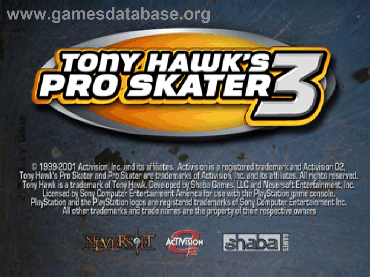 Tony Hawk's Pro Skater 3 - Sony Playstation - Artwork - Title Screen