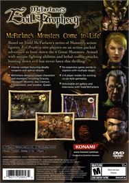 Box back cover for Mcfarlane's Evil Prophecy on the Sony Playstation 2.