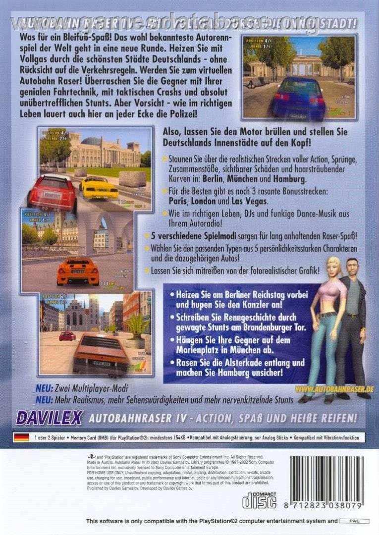 Autobahn Raser 4 - Sony Playstation 2 - Artwork - Box Back