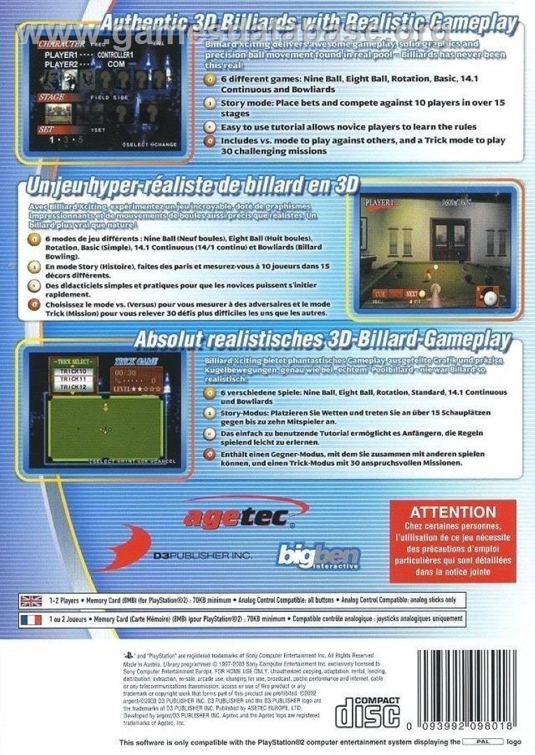 Billiards Xciting - Sony Playstation 2 - Artwork - Box Back