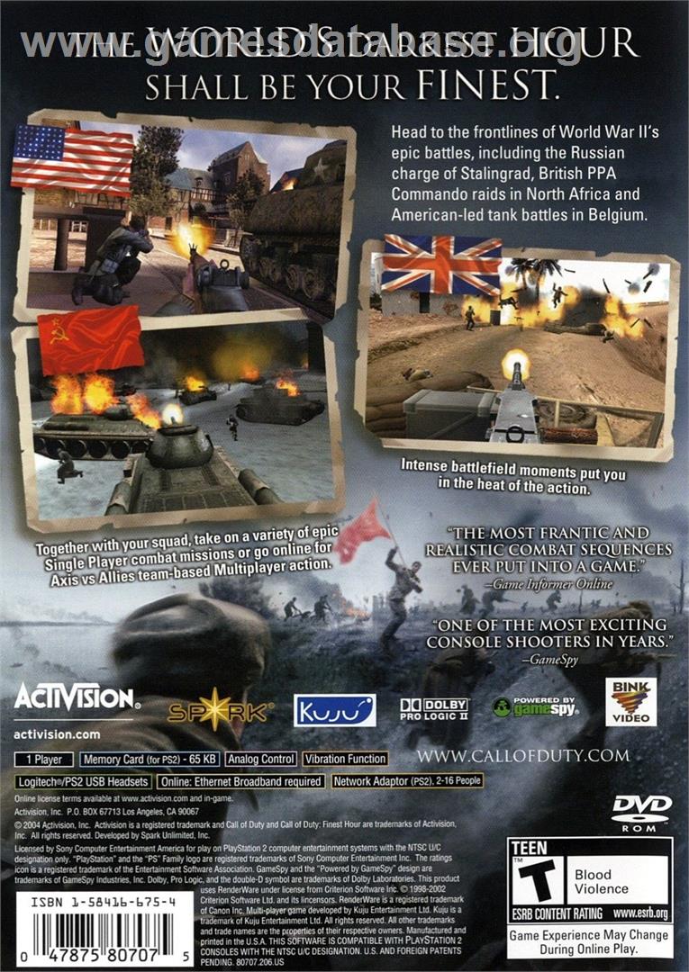 Call Of Duty - Finest Hour - Sony Playstation 2 - Artwork - Box Back