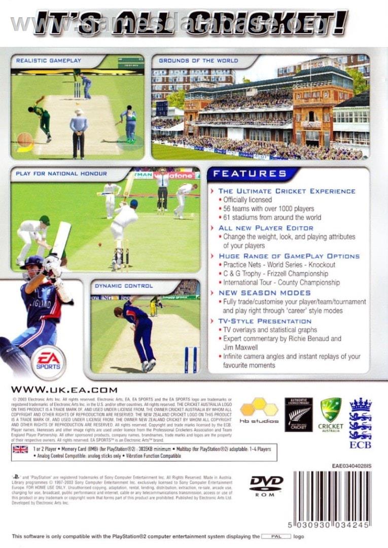 Cricket 2004 - Sony Playstation 2 - Artwork - Box Back