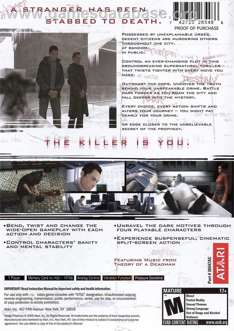 Fahrenheit - Sony Playstation 2 - Artwork - Box Back