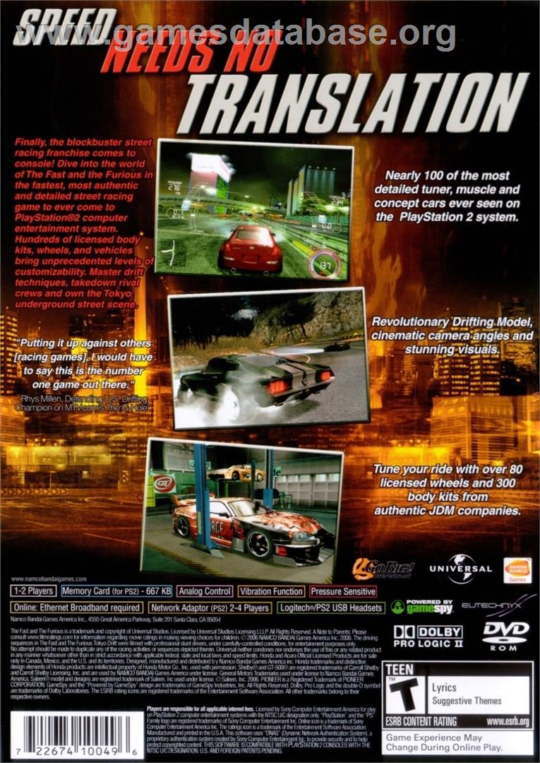 Fast And The Furious, The - Sony Playstation 2 - Artwork - Box Back