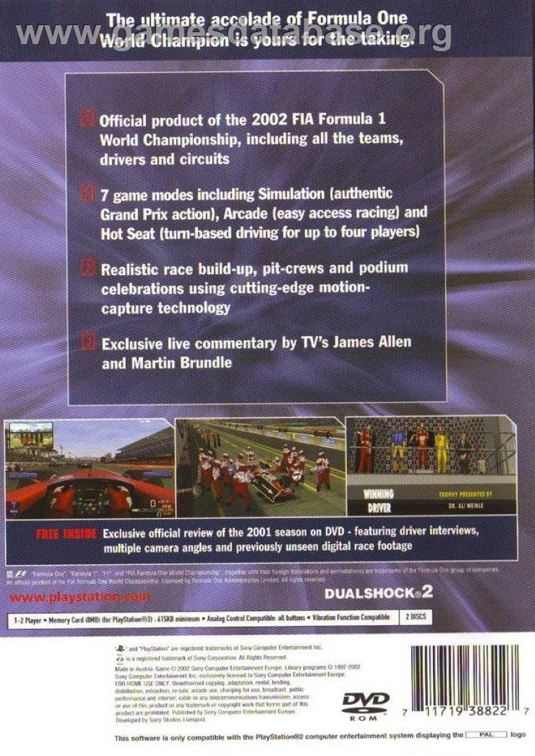 Formula One 2002 - Sony Playstation 2 - Artwork - Box Back
