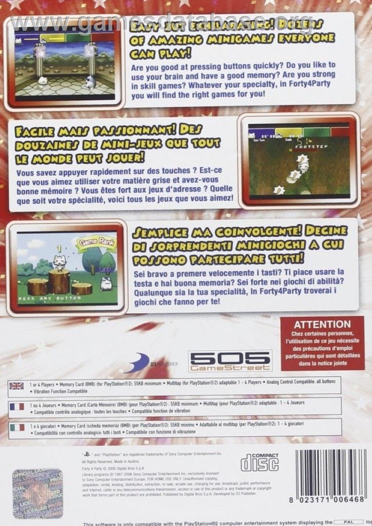 Forty 4 Party - Sony Playstation 2 - Artwork - Box Back