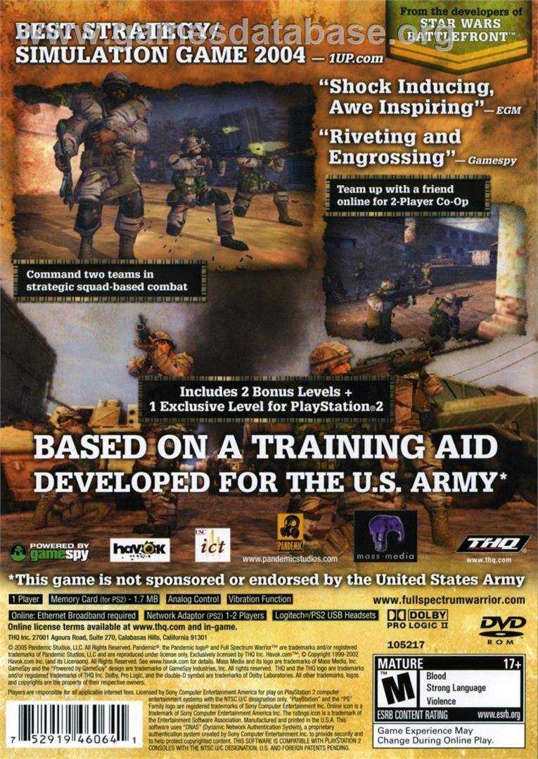 Full Spectrum Warrior - Sony Playstation 2 - Artwork - Box Back