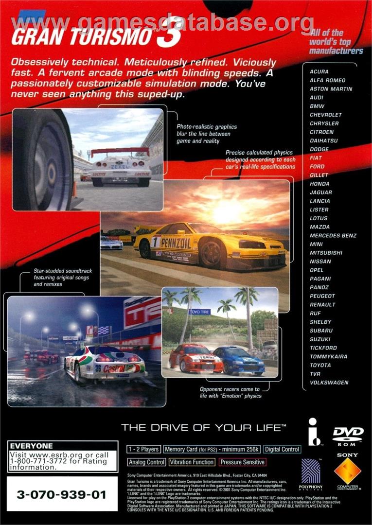 Gran Turismo 3 - A-spec - Sony Playstation 2 - Artwork - Box Back