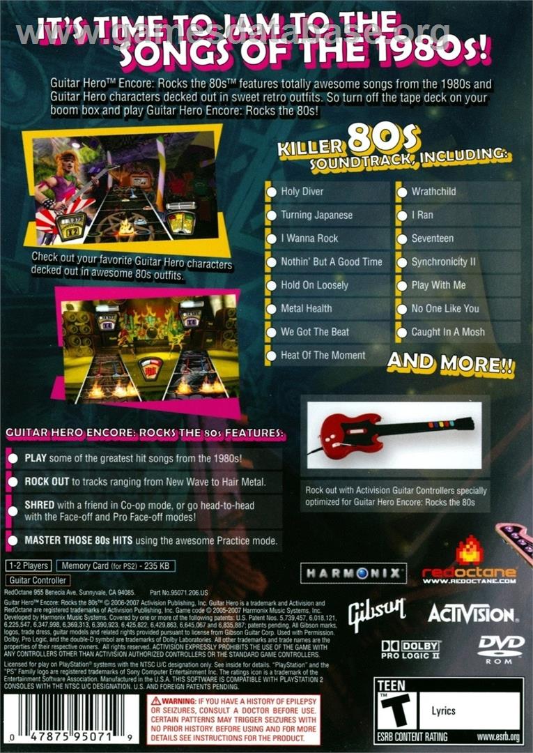 Guitar Hero Rocks The 80's - Sony Playstation 2 - Artwork - Box Back