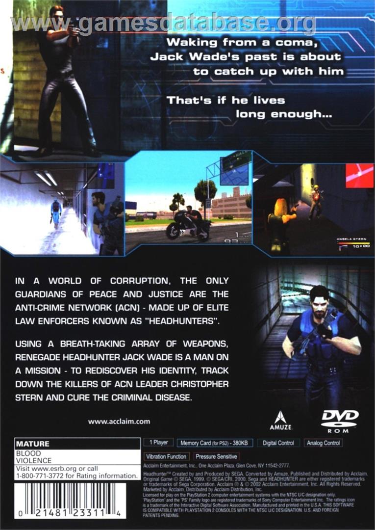 Headhunter - Sony Playstation 2 - Artwork - Box Back