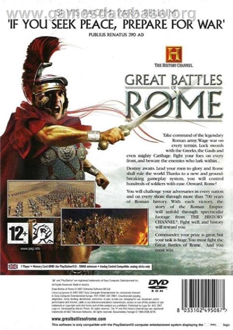 History Channel - Great Battles Of Rome, The - Sony Playstation 2 - Artwork - Box Back