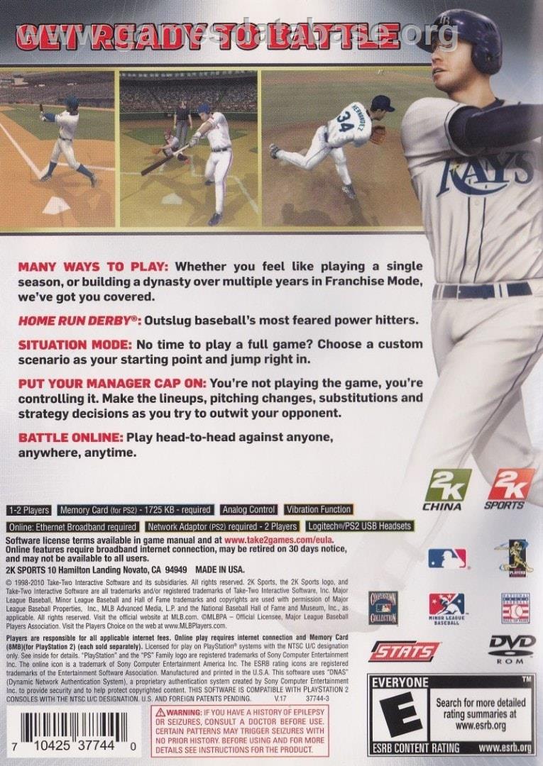 Major League Baseball 2k10 - Sony Playstation 2 - Artwork - Box Back