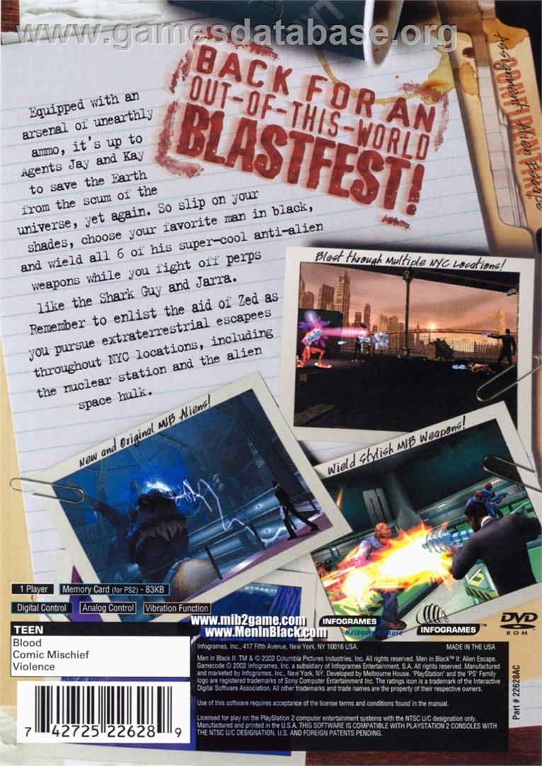 Men In Black 2 - Alien Escape - Sony Playstation 2 - Artwork - Box Back