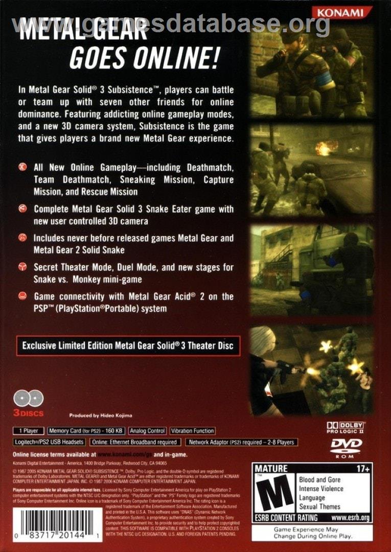 Metal Gear Solid 3 Subsistence - Sony Playstation 2 - Artwork - Box Back