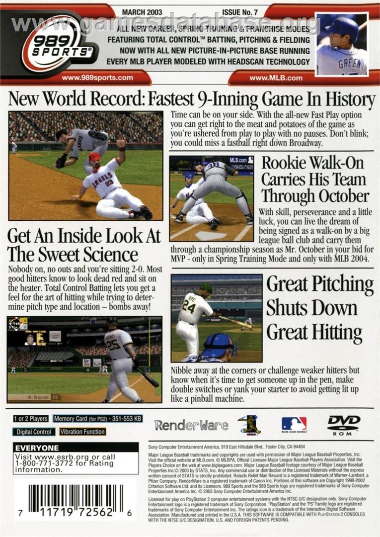 Mlb 2003 - Sony Playstation 2 - Artwork - Box Back