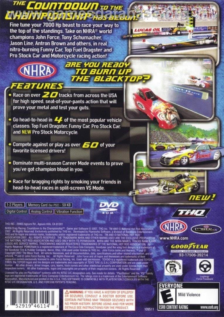 Nhra Drag Racing - Countdown To The Championship - Sony Playstation 2 - Artwork - Box Back