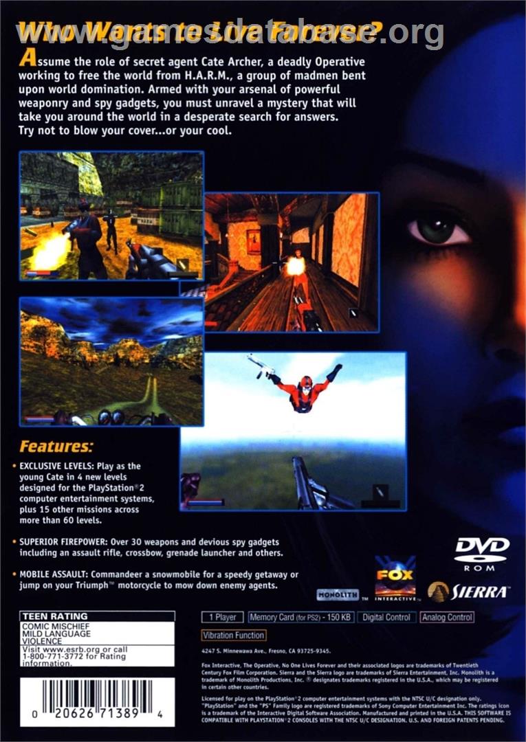 No One Lives Forever - Sony Playstation 2 - Artwork - Box Back