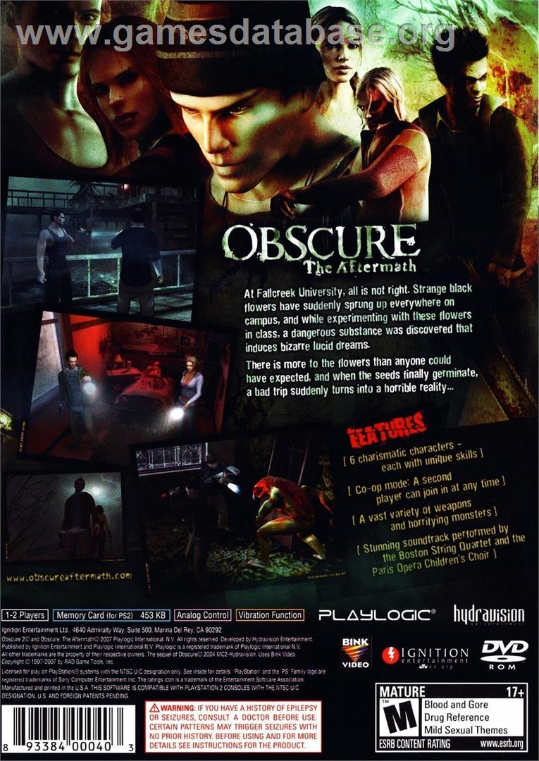 Obscure 2 - Sony Playstation 2 - Artwork - Box Back
