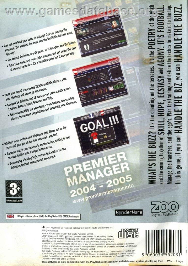Premier Manager 2004-2005 - Sony Playstation 2 - Artwork - Box Back
