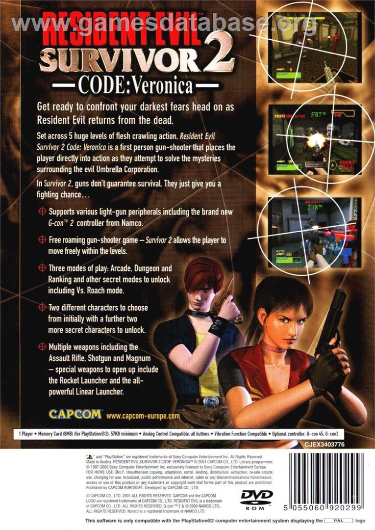 Resident Evil - Survivor 2, Code, Veronica - Sony Playstation 2 - Artwork - Box Back