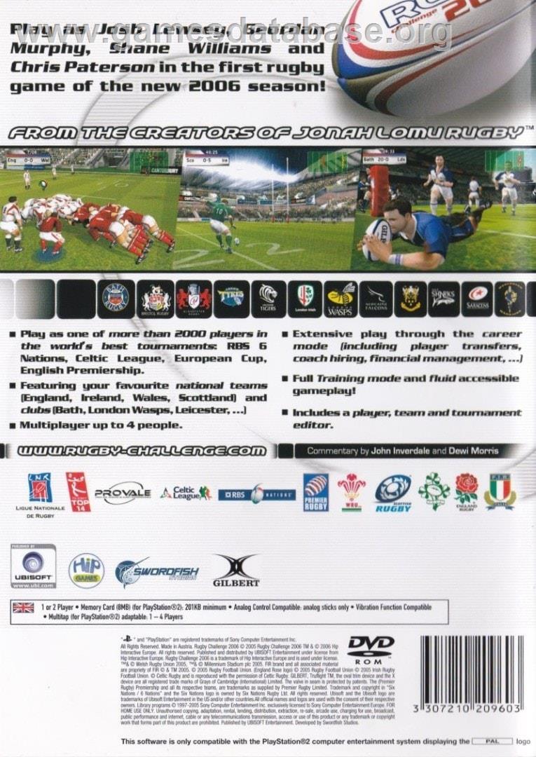 Rugby Challenge 2006 - Sony Playstation 2 - Artwork - Box Back