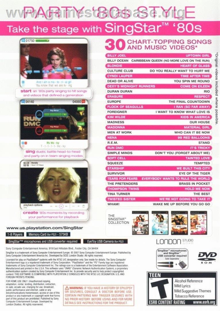 Singstar '80s - Sony Playstation 2 - Artwork - Box Back