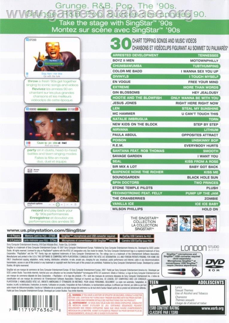 Singstar '90s - Sony Playstation 2 - Artwork - Box Back