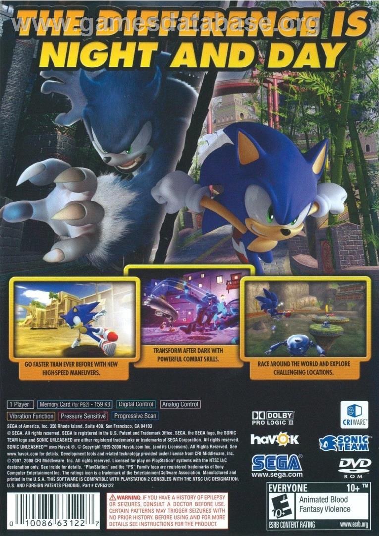 Sonic Unleashed - Sony Playstation 2 - Artwork - Box Back