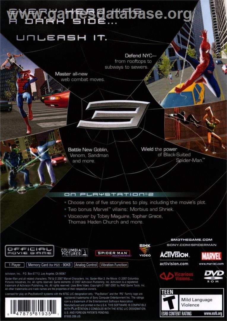 Spider-man 3 - Sony Playstation 2 - Artwork - Box Back