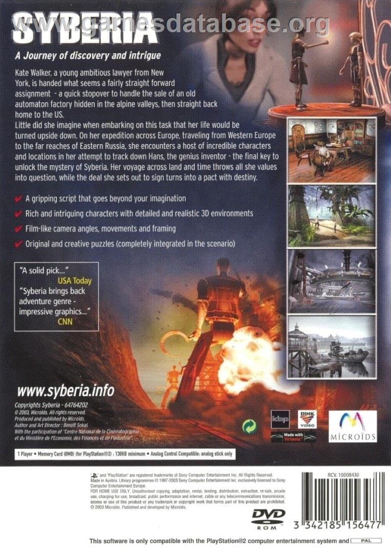 Syberia - Sony Playstation 2 - Artwork - Box Back