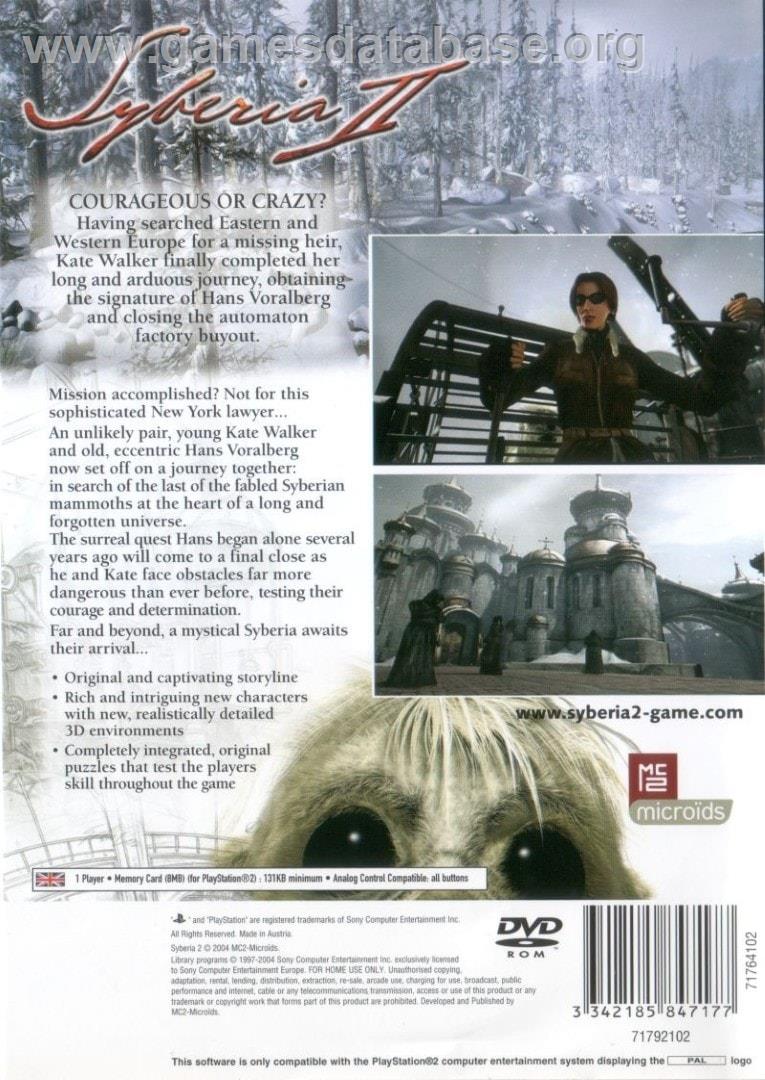 Syberia 2 - Sony Playstation 2 - Artwork - Box Back