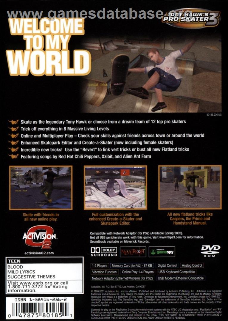 Tony Hawk's Pro Skater 3 - Sony Playstation 2 - Artwork - Box Back