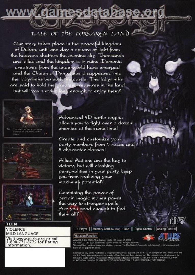 Wizardry - Tale Of The Forsaken Land - Sony Playstation 2 - Artwork - Box Back