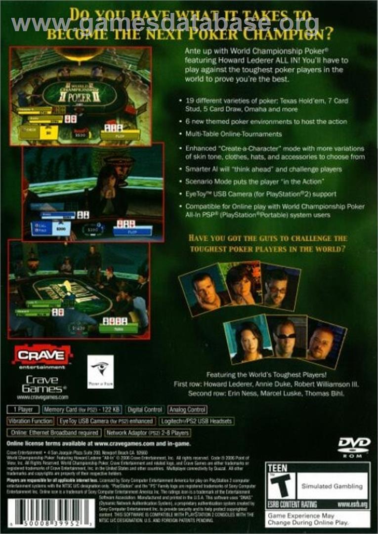 World Championship Poker - Featuring Howard Lederer - All In - Sony Playstation 2 - Artwork - Box Back
