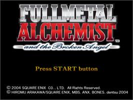 Title screen of Fullmetal Alchemist And The Broken Angel on the Sony Playstation 2.