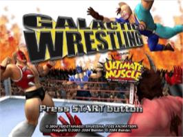 Title screen of Galactic Wrestling Featuring Ultimate Muscle on the Sony Playstation 2.