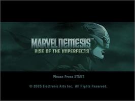 Title screen of Marvel Nemesis - Rise of the Imperfects on the Sony Playstation 2.