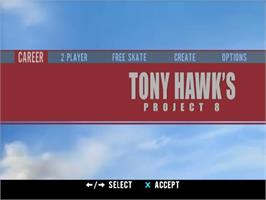 Title screen of Tony Hawk's Project 8 on the Sony Playstation 2.