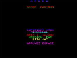 Title screen of Arena 3000 on the Tangerine Oric.
