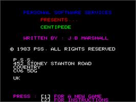 Title screen of Centipede on the Tangerine Oric.