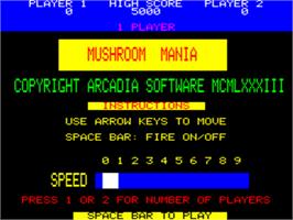 Title screen of Mushroom Mania on the Tangerine Oric.