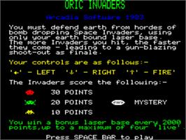 Title screen of Oric Invaders on the Tangerine Oric.