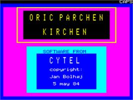 Title screen of Oric Parchen Kirchen on the Tangerine Oric.