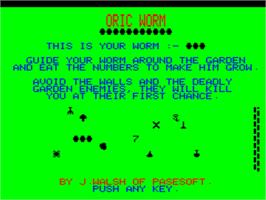 Title screen of Oric Worm on the Tangerine Oric.