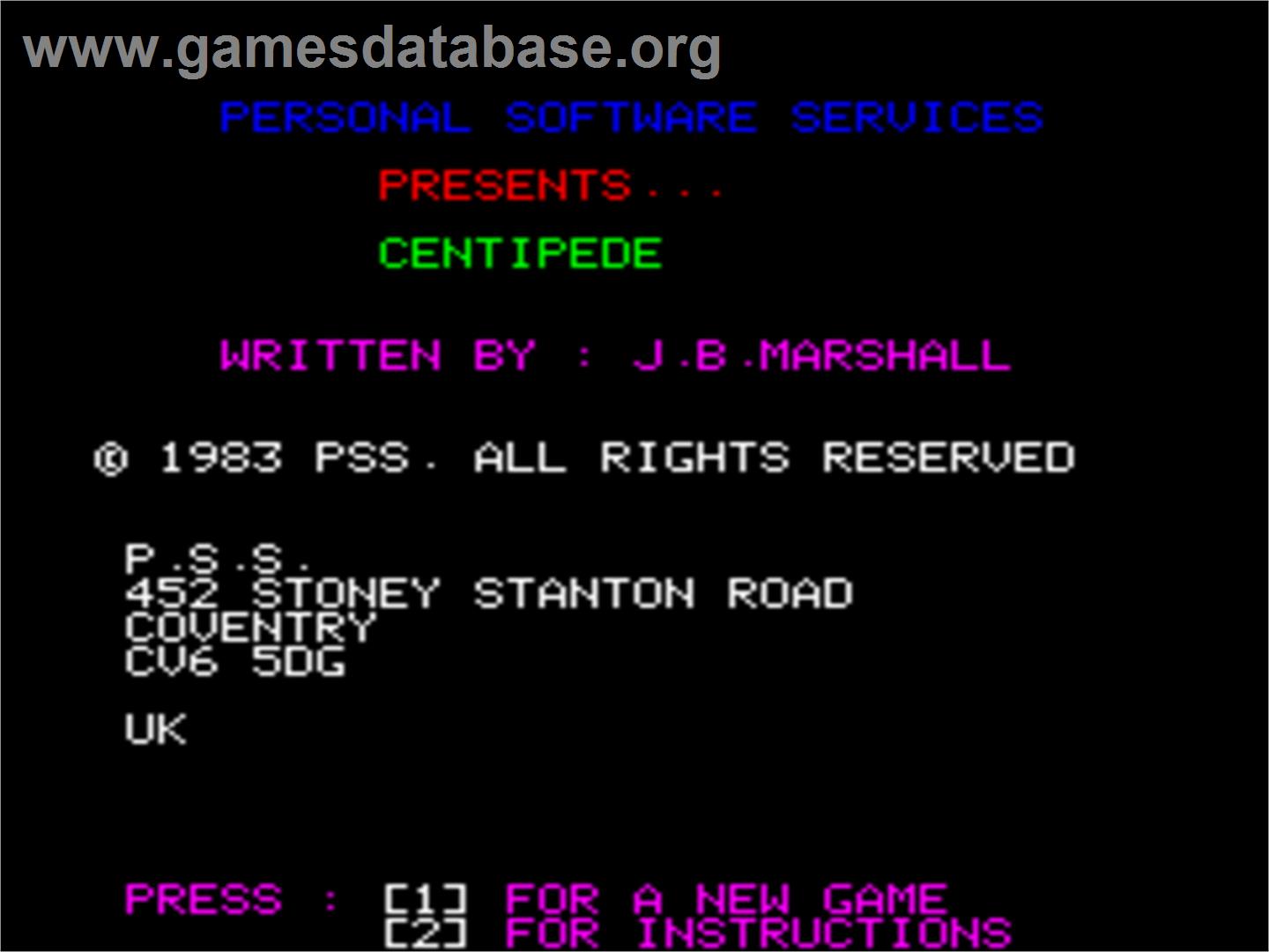 Centipede - Tangerine Oric - Artwork - Title Screen