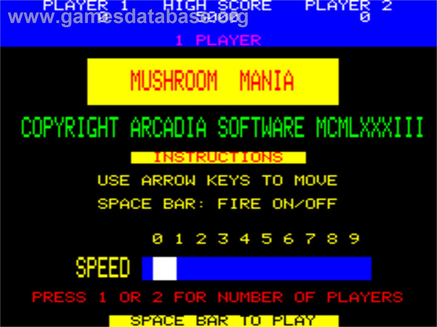 Mushroom Mania - Tangerine Oric - Artwork - Title Screen