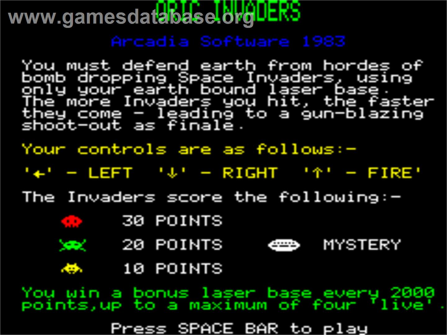 Oric Invaders - Tangerine Oric - Artwork - Title Screen