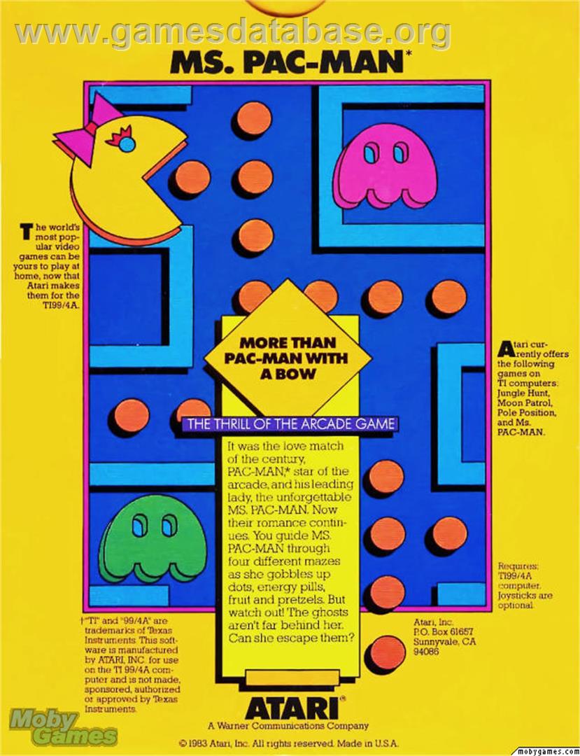 Ms. Pac-Man - Texas Instruments TI 99/4A - Artwork - Box Back