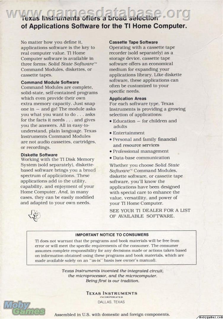Parsec - Texas Instruments TI 99/4A - Artwork - Box Back